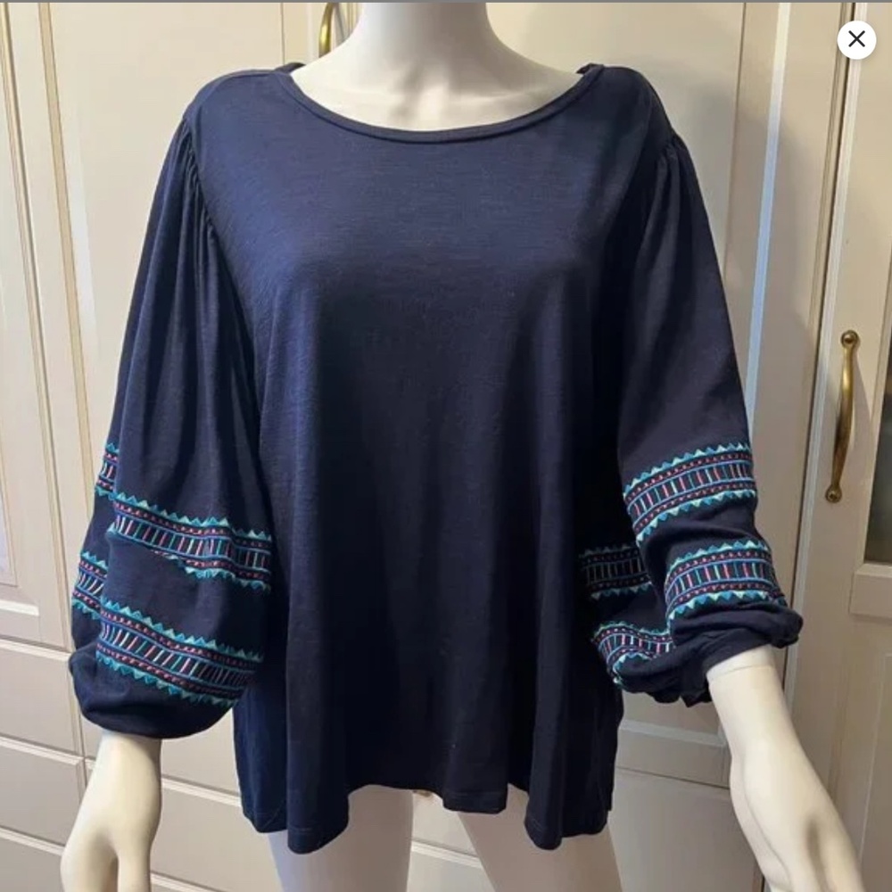 DG2 by DIANE‎ GILMAN Navy Embroidered Balloon-Sleeve Top Blouse Tee (2X)